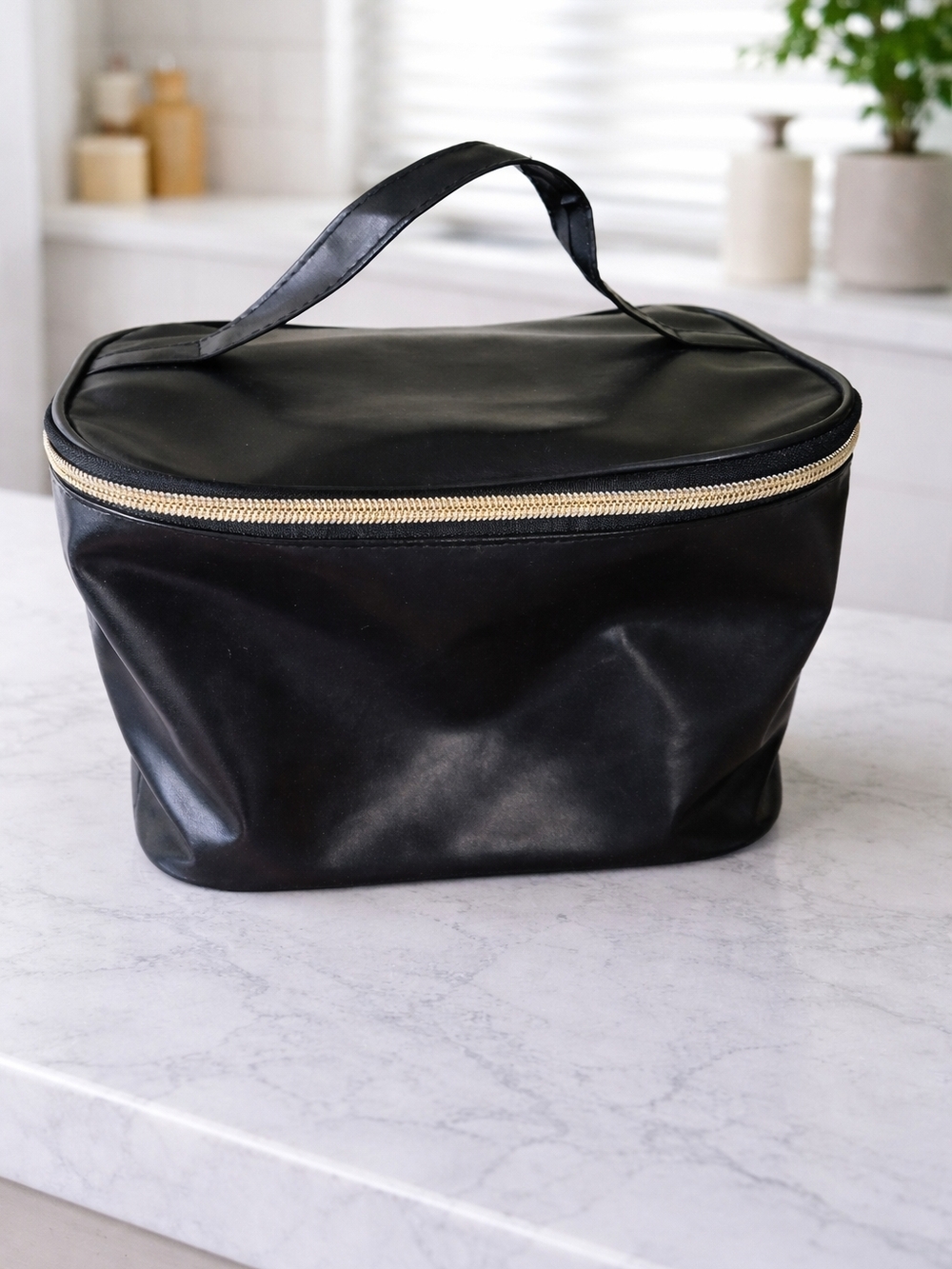 Black Travel Cosmetic Bag with Gold Zipper